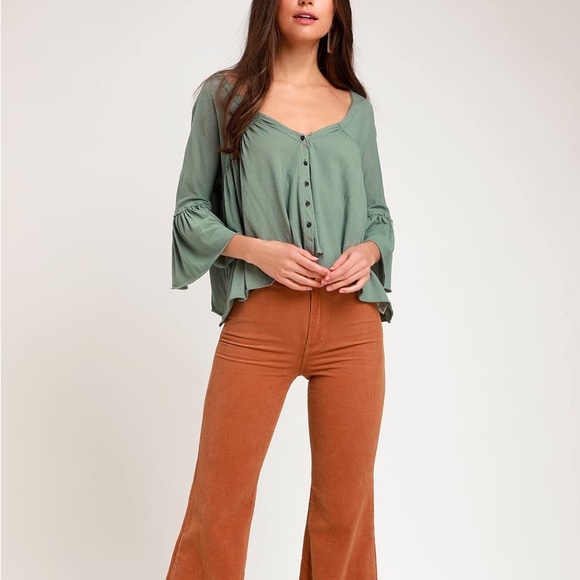 Free People Moss Green Vintage Wash Half Sleeve Babydoll Top - Picture 2 of 7